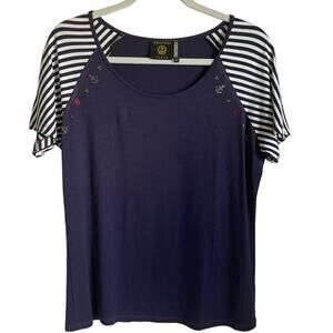Vecceli Italy Top Short Sleeve Navy Striped Nautical Sequins Embellished Size M